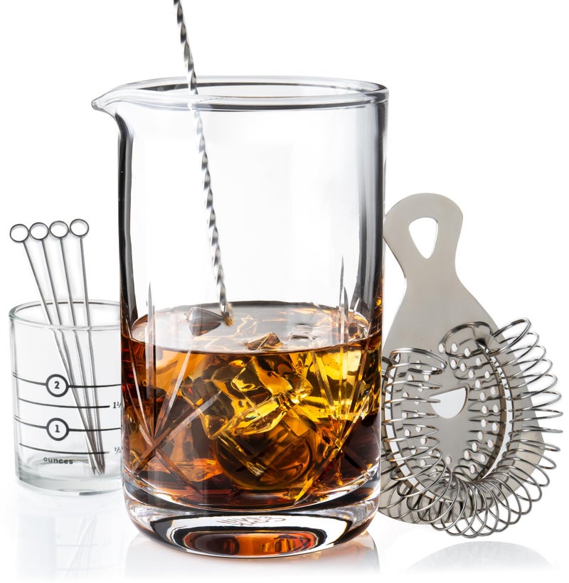 Cork & Mill Cocktail Mixing Glass, Old Fashioned Kit, Large 24 oz Crystal Cocktail Mixer for Bartenders, 9-Piece Home Bar Accessories Set for Manhattans and Other Whiskey Drinks - Image 1